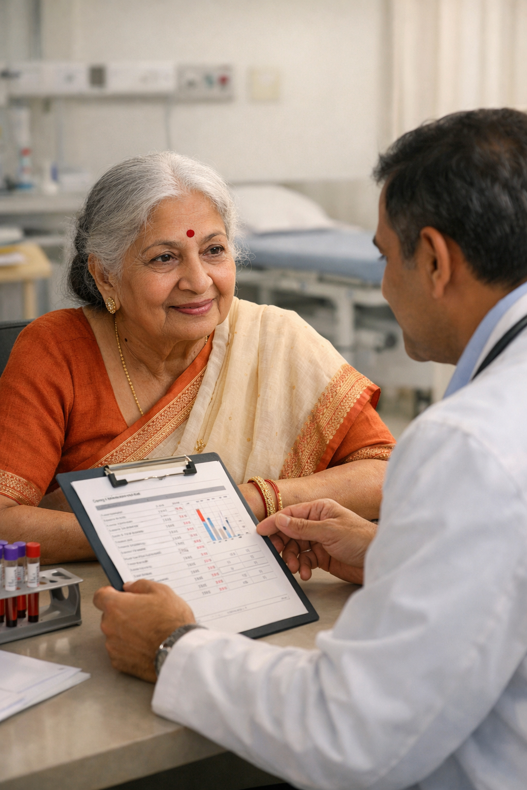Alt text: **Elderly Indian woman calmly consulting a doctor at a clinic while reviewing medical reports, illustrating healthcare planning and Medical Insurance for Parents Over 60 in a professional, reassuring hospital setting.**

