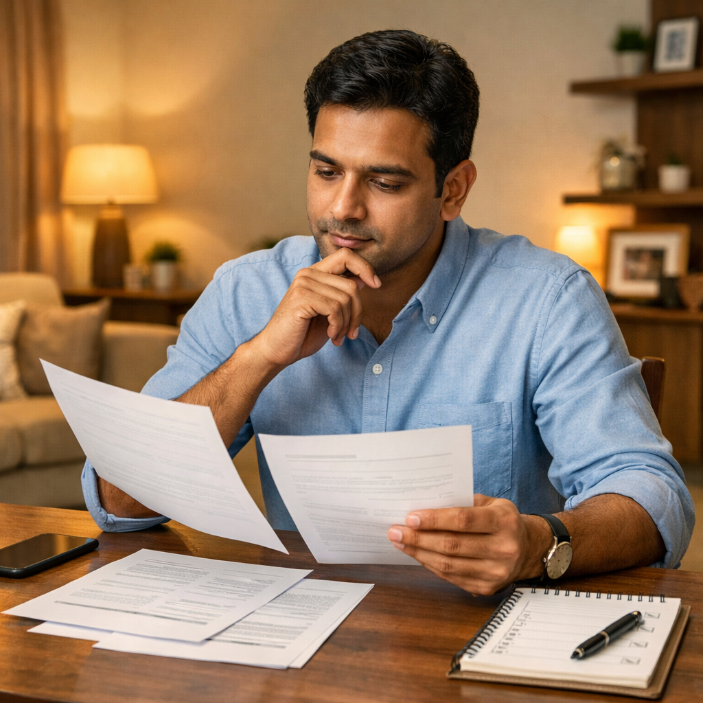 Here’s a clean, SEO-friendly alt text that fits the image and keeps a professional tone:

**Alt text:**
“Adult child at home comparing multiple insurance documents on a table with a checklist nearby, carefully planning Medical Insurance for Parents Over 60 in a calm, modern Indian household setting.”
