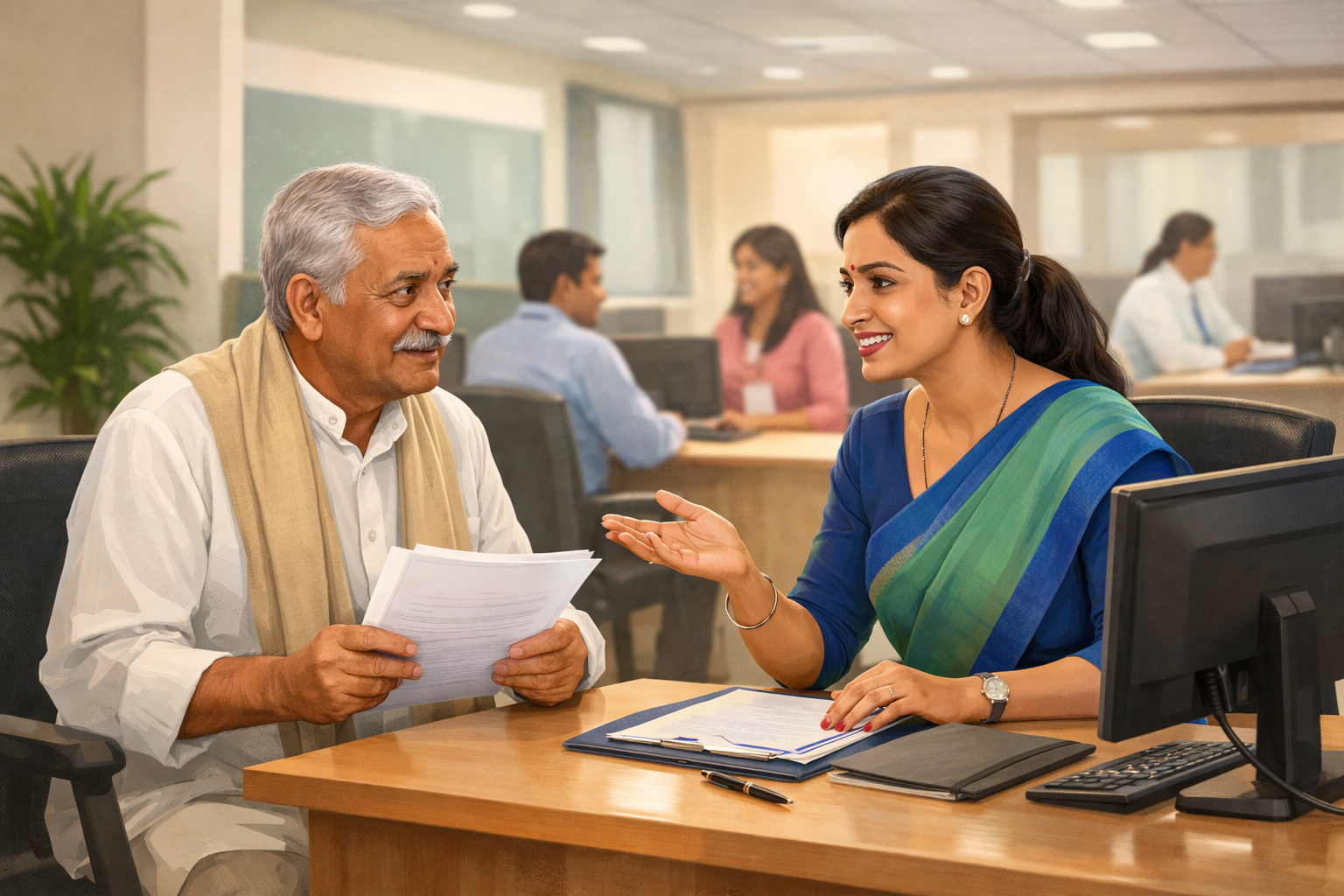 Editorial illustration of an Indian senior citizen holding paperwork while receiving guidance from an advisor at a government health office, representing Medical Insurance for Parents Over 60 in a modern, professional Indian setting.”