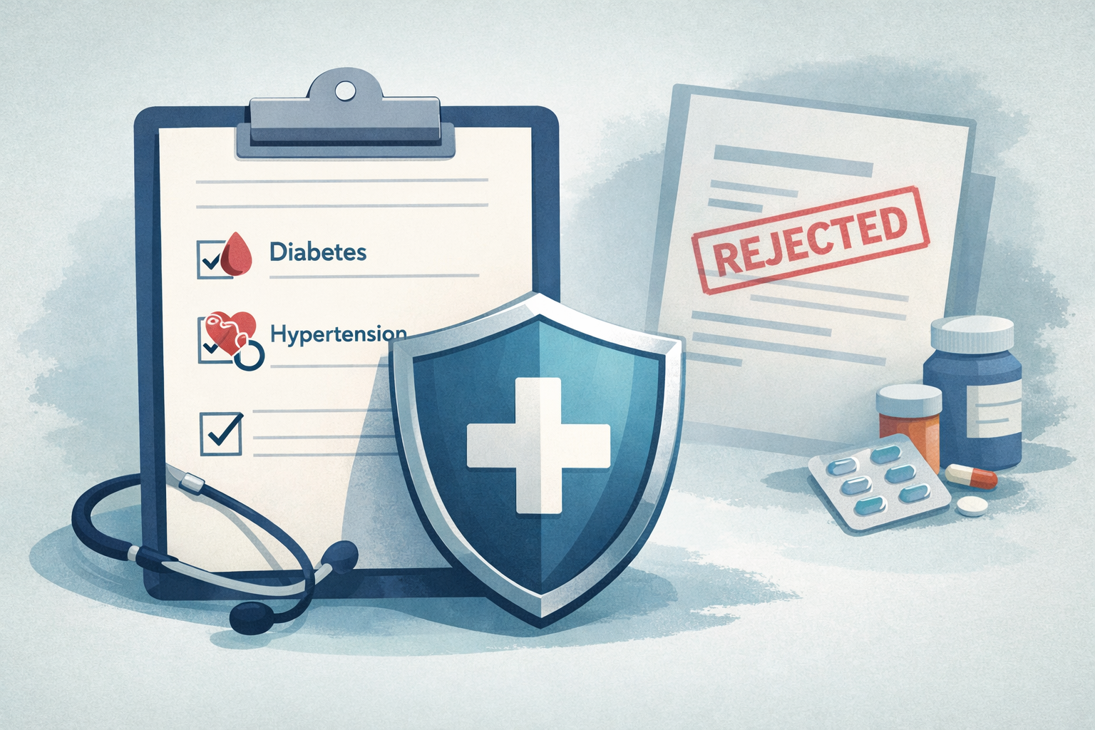 **Alt text:**
Medical disclosure form declaring diabetes and hypertension protected by an insurance shield, contrasted with a rejected health insurance claim in the background, illustrating the importance of honest disclosure in health insurance.
