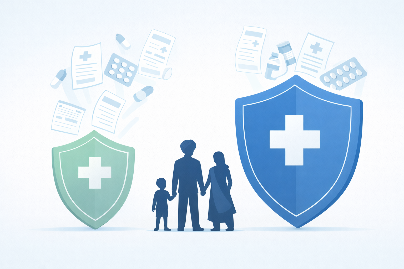 A conceptual illustration of a family silhouette standing between two shields with medical crosses; a small green shield is being overwhelmed by falling medical bills and pills, while a much larger blue shield provides complete protection.