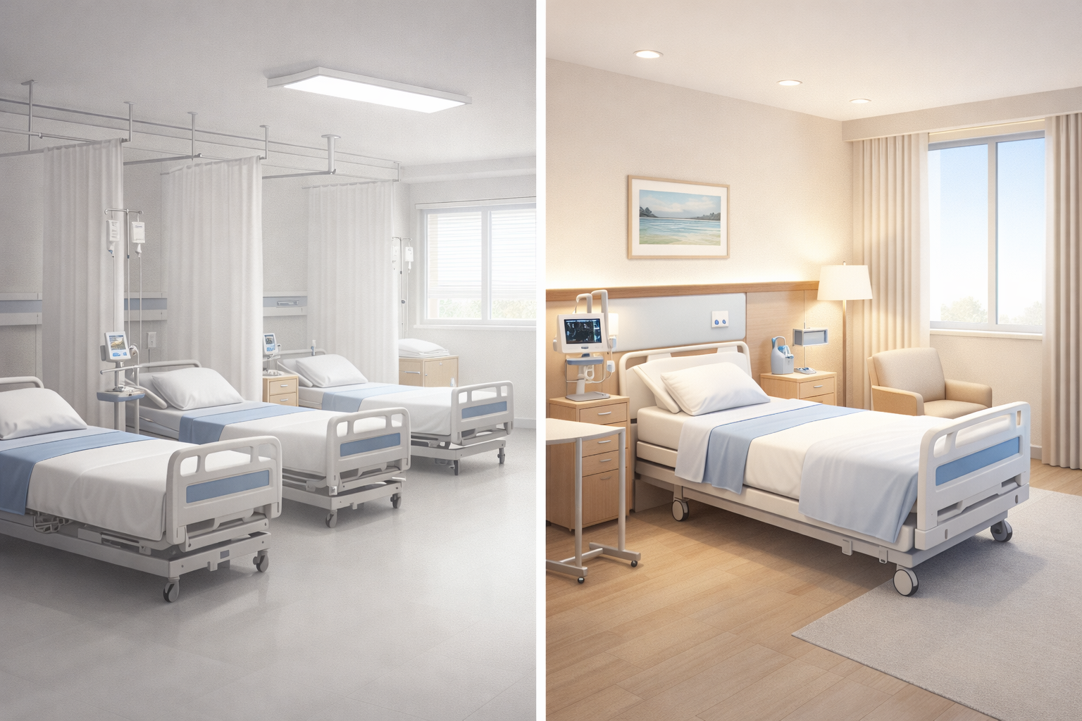 
Side-by-side comparison of a shared hospital ward with multiple beds separated by curtains on the left, and a private hospital room with a single bed, personal furniture, and a calmer, more comfortable setting on the right.
