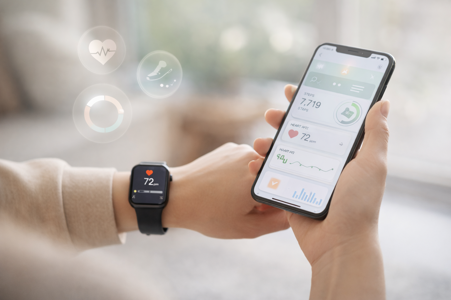 Person wearing a smartwatch and holding a smartphone displaying health tracking data such as steps, heart rate, and activity metrics, representing digital health monitoring and preventive care.
