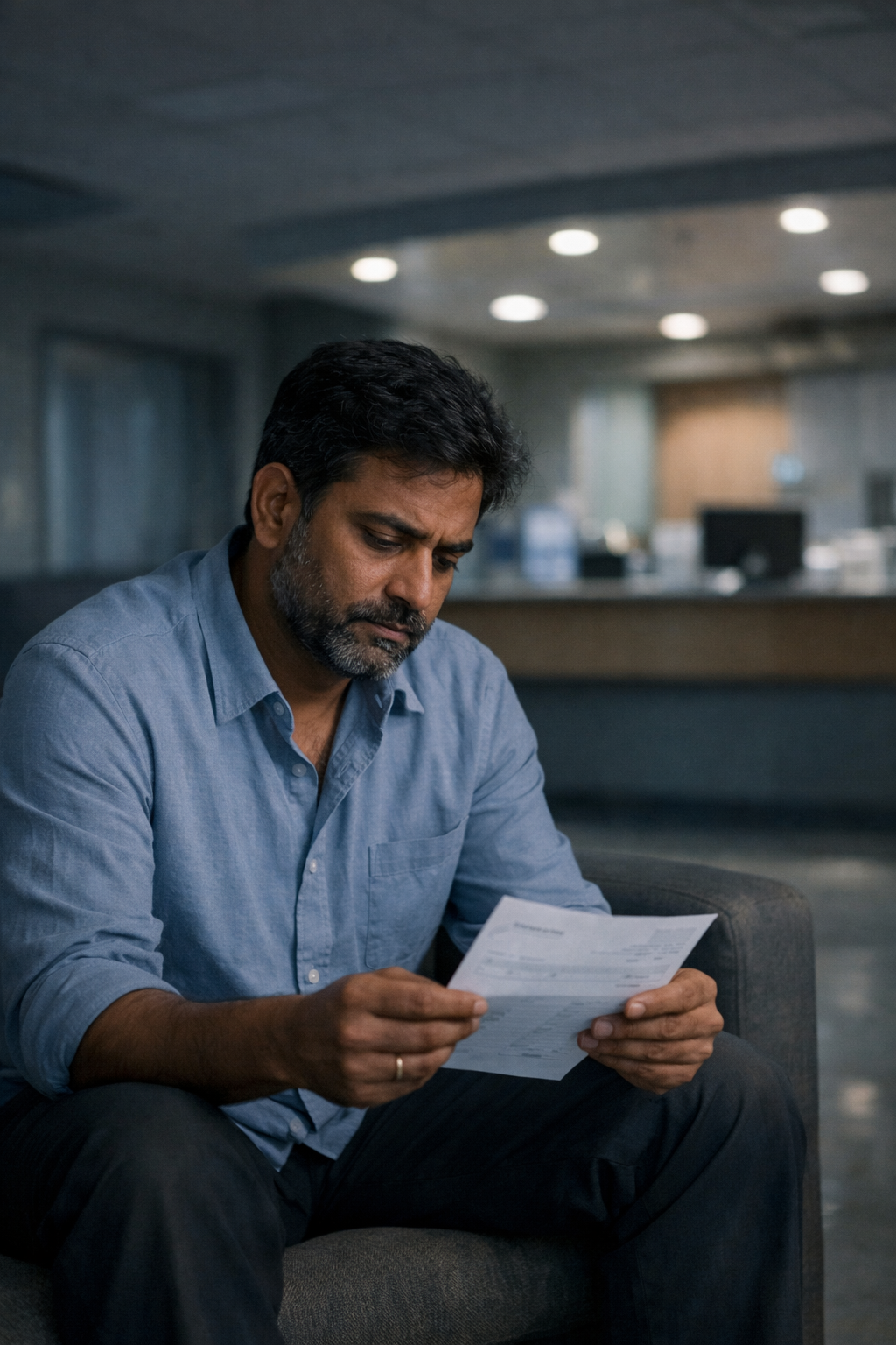 An Indian man sitting alone in a dimly lit hospital waiting area at night, quietly reading a medical bill with a worried yet composed expression, soft blue-grey lighting and a blurred hospital reception in the background. Does claim settlement ratio matter for hospital bills.