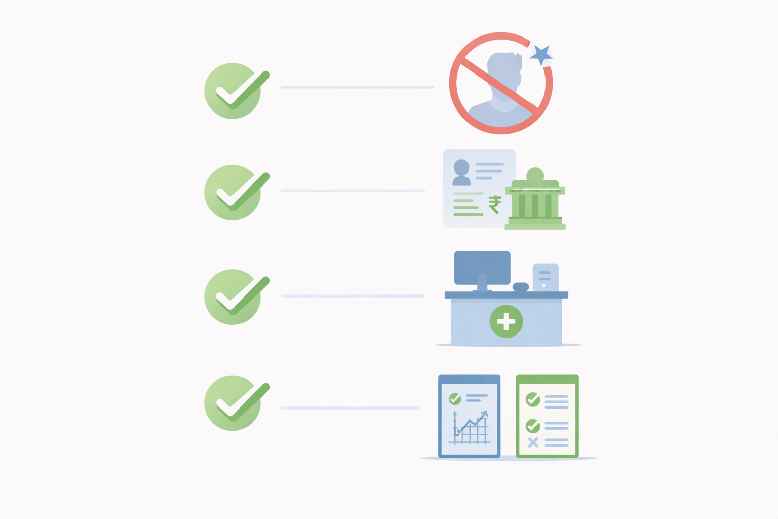 **Alt text:** A clean checklist-style illustration for health insurance comparison, showing green checkmarks next to icons representing avoiding celebrity ads, checking government documents, evaluating hospital service desks, and comparing plans using charts, on a white background with soft blue and green accents.