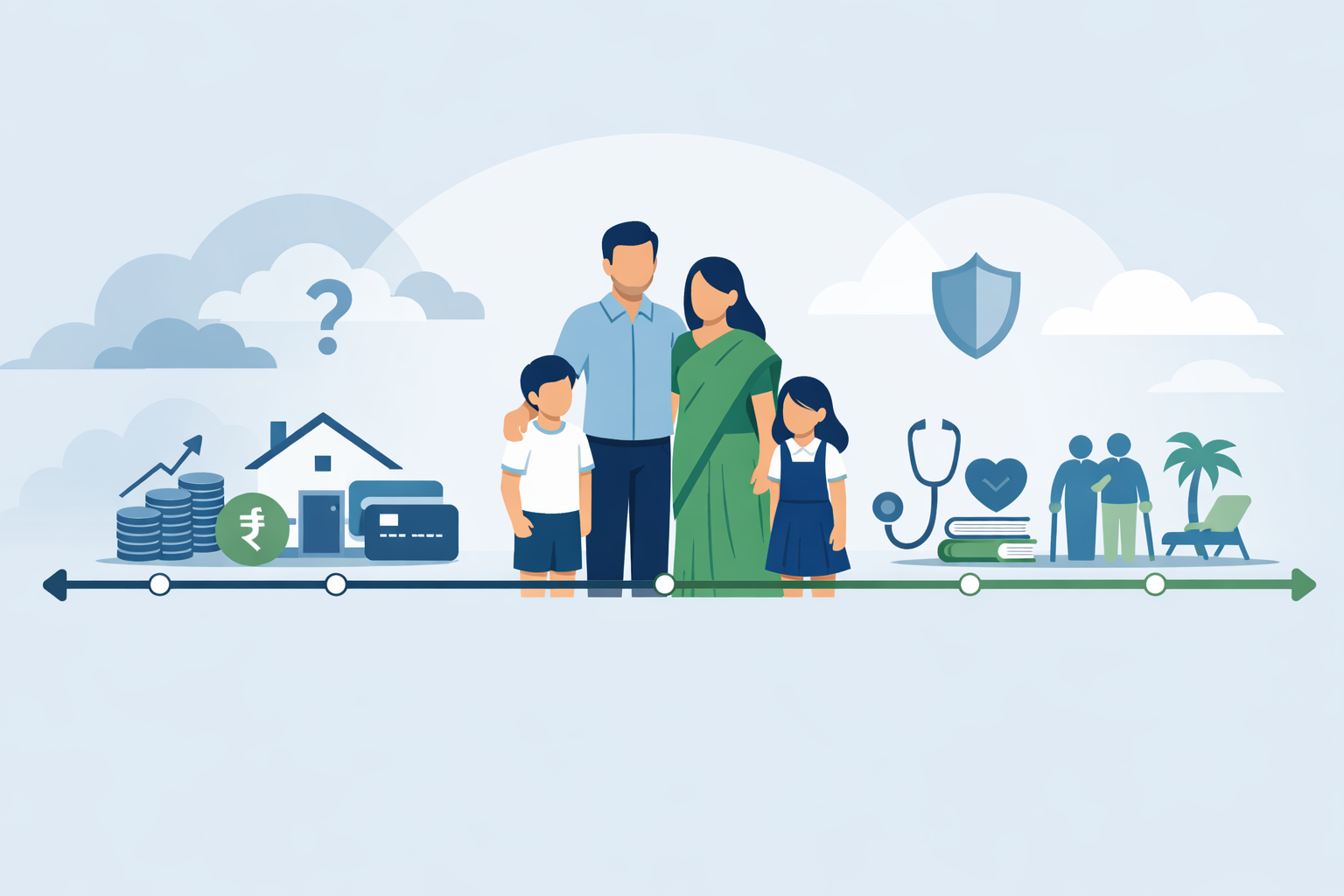 Illustration showing an Indian family’s financial responsibilities over time, including income, home loan, children’s education, healthcare, and retirement planning. image for the article explaining importance of term life insurance 