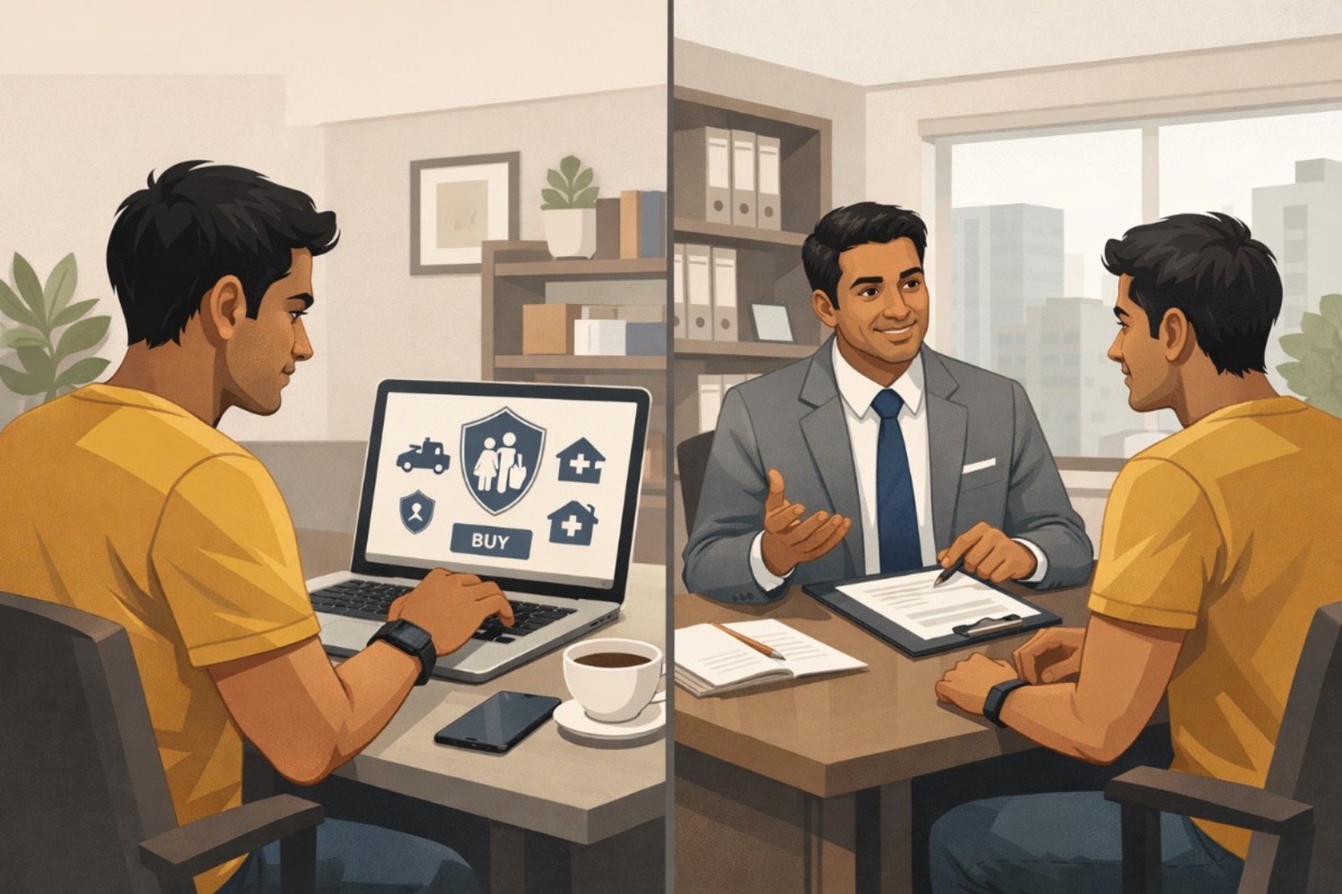 *A split-screen illustration showing an Indian individual choosing between two insurance options—buying insurance online on a laptop at home on one side, and consulting an insurance agent across a desk in an office on the other—presented in a clean, professional financial education style with neutral colors.*
Illustration comparing whether to buy insurance online or from an agent in India, showing a person choosing between a laptop and an in-person insurance advisor.