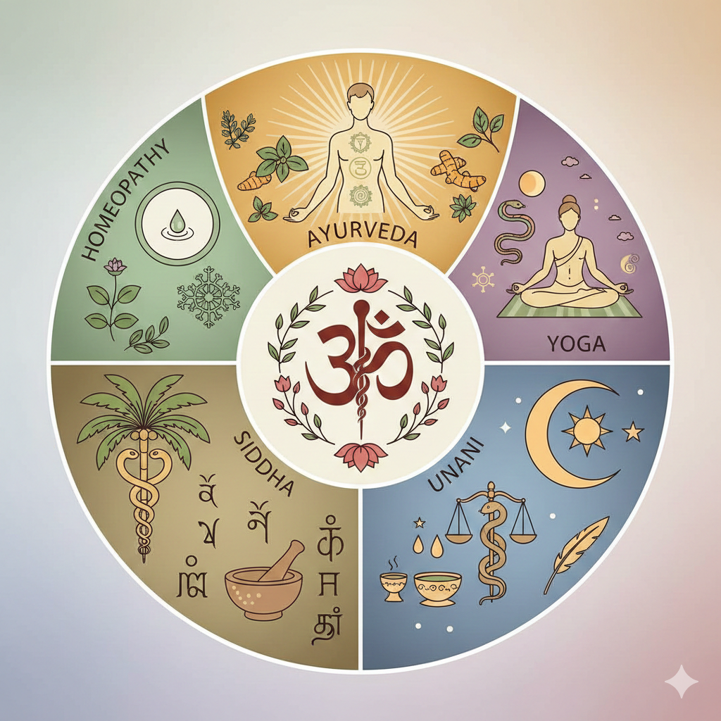 A circular graphic illustrating the five pillars of AYUSH health insurance in India: Ayurveda, Yoga, Unani, Siddha, and Homeopathy, represented by traditional symbols and figures.