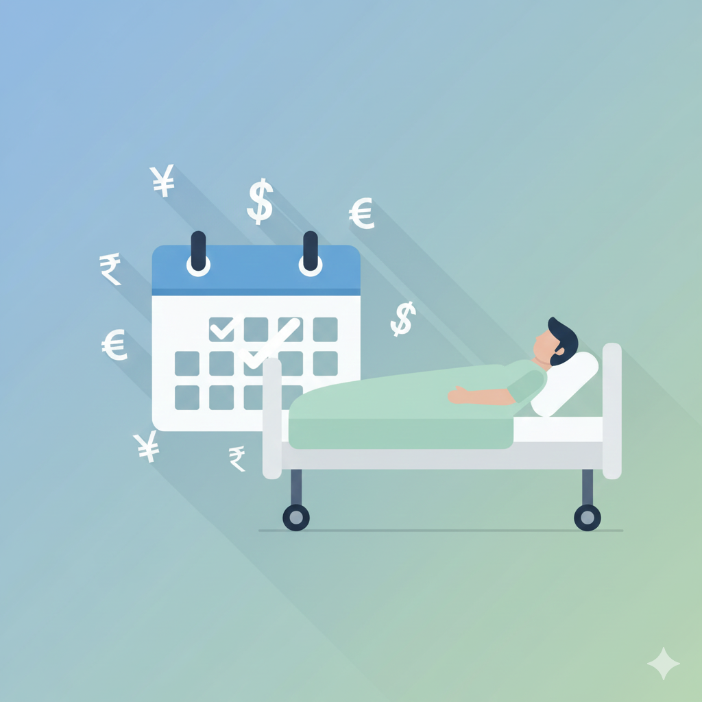 A flat illustration of a hospital room with a patient resting on a bed, combined with a calendar and currency symbols to represent daily hospital cash allowance, clean professional style, minimalistic design, soft blue and green colors, neutral and informative tone, no text, no logos