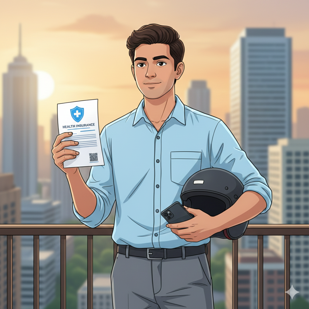 an image for the article How Much Health Insurance Cover Do You Really Need in 2026? A split-view health insurance infographic. The left side shows a conceptual image of a paper-cutout family protected by a safety net above broken glass and dark clouds labeled with medical costs. The right side features two bar charts comparing individual and family coverage amounts in India, alongside a list of comprehensive health plan benefits including pre-hospitalization, daycare, and diagnostic tests."