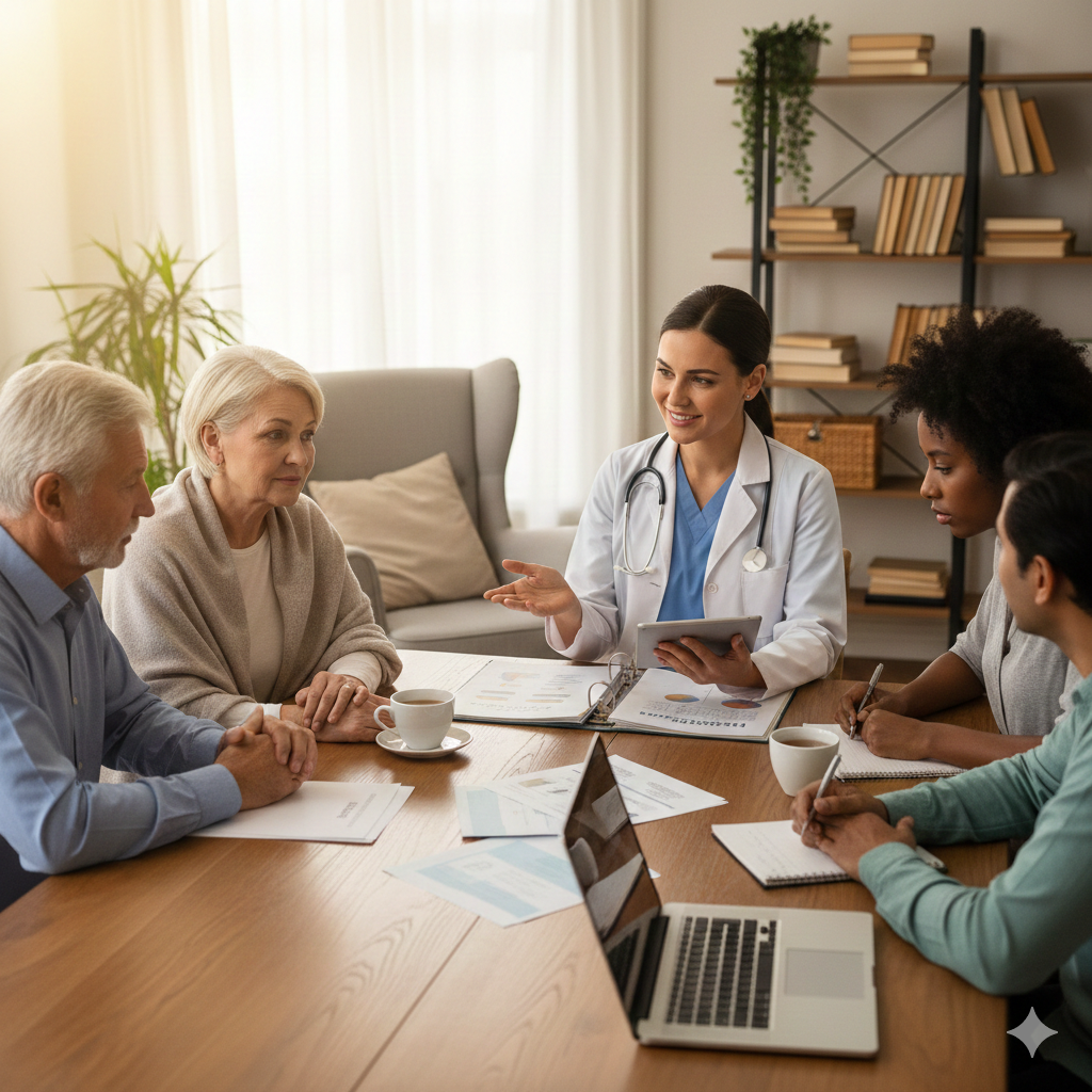 A friendly doctor consulting with a family about AYUSH health insurance in India to cover traditional medical treatments.