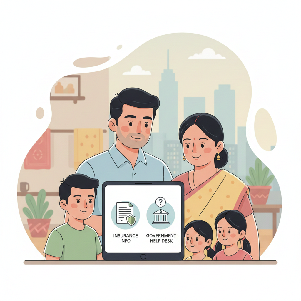 A friendly, professional illustration showing an Indian migrant worker and his family looking at a mobile phone screen to learn about Pravasi Bharatiya Bima Yojana benefits and limits. The image features icons for insurance and a government help desk with a question mark, set against a background that subtly blends a modern overseas cityscape with a warm Indian home setting in soft, neutral colors.
