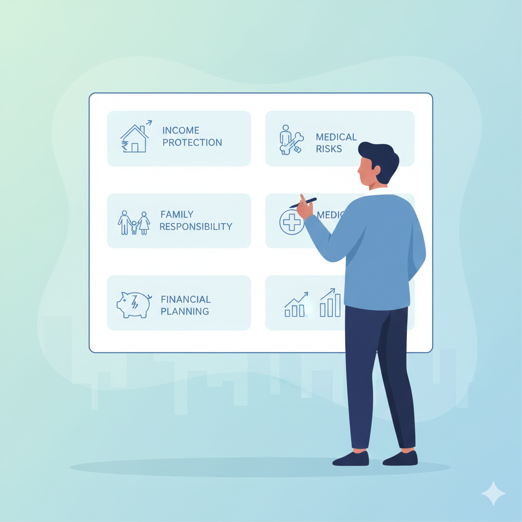 A professional flat illustration showing an Indian urban road safety scenario with a person recovering after an accident, subtle elements like a wheelchair and medical support icons, representing accidental disability insurance rider, calm and informative tone, clean corporate illustration style, soft blue and green palette, no text, no logos