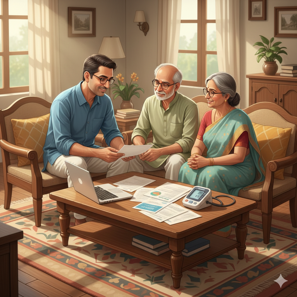image for the article best health insurance for parents with diabetes and hypertension. Indian man discussing health insurance with elderly parents at home with a glucometer and BP monitor on the table.