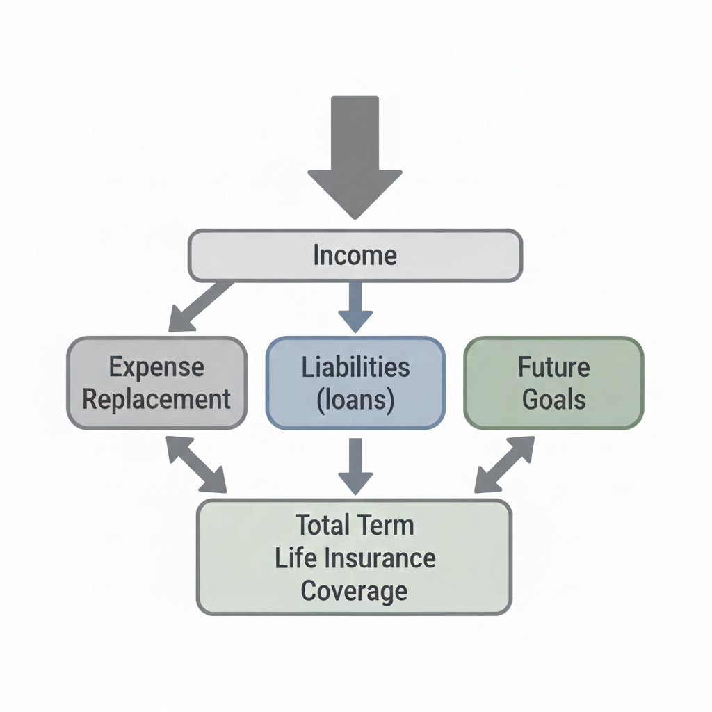 Flow diagram illustrating how income replacement, liabilities, and future financial goals combine to determine term life insurance coverage