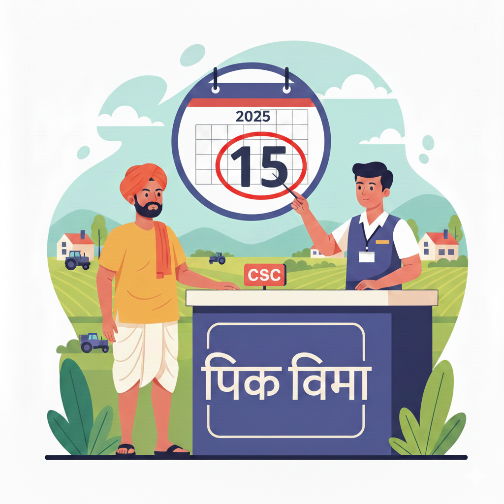 Illustration of a calendar with highlighted deadlines and a farmer at a CSC centre in Maharashtra, showing urgency to apply for Pik Vima 2025 in Maharashtra crop insurance scheme."