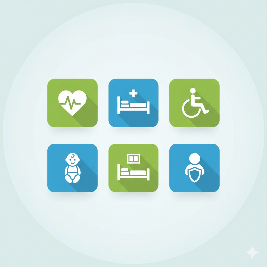 A clean flat illustration displaying multiple health insurance rider concepts using simple icons arranged neatly: heart for critical illness, hospital bed for hospital cash, wheelchair for disability, baby icon for maternity cover, private hospital room icon for room rent waiver, professional infographic style, minimalistic, soft blue and green palette, no text, no logos