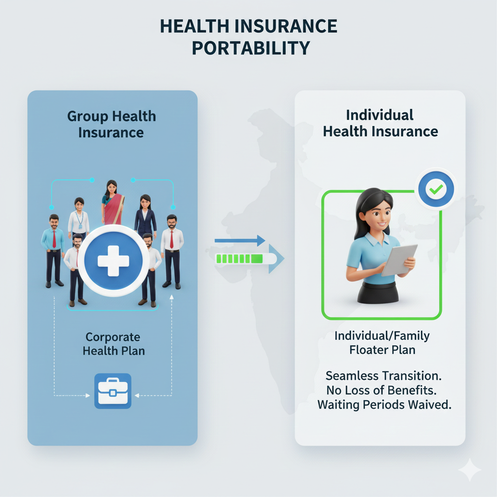Illustration showing health insurance portability in India, where a corporate group health insurance plan transitions seamlessly to an individual or family floater health insurance plan with no loss of benefits and waiting periods waived. how does health insurance work when i switch jobs?
