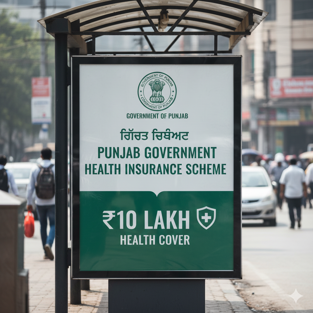 A promotional graphic for the Punjab Government health insurance scheme aka Mukh Mantri Sehat Bima Yojna featuring a smiling Punjabi family in a clean hospital setting. They are holding a large green and blue card that displays a gold monument icon and the text 'HEALTH INSURANCE COVER: ₹10 LAKH'. A medical professional is pictured in the background.
