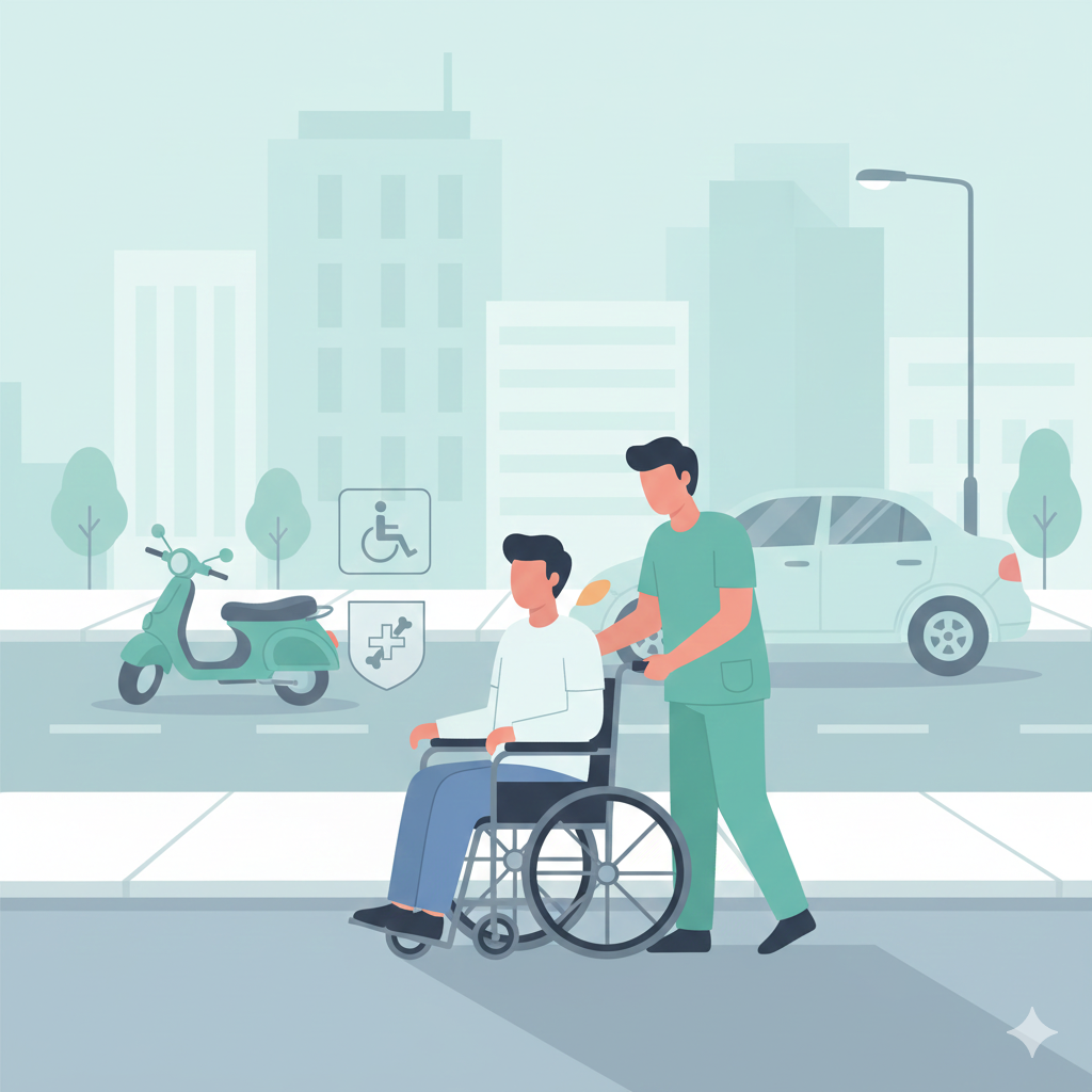 A professional flat illustration showing an Indian urban road safety scenario with a person recovering after an accident, subtle elements like a wheelchair and medical support icons, representing accidental disability insurance rider, calm and informative tone, clean corporate illustration style, soft blue and green palette, no text, no logos