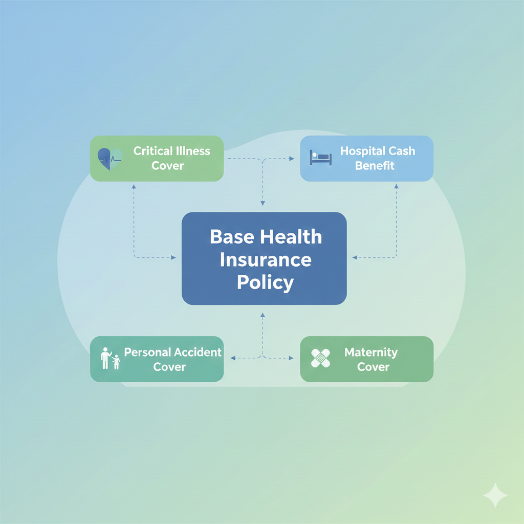 A flat illustration explaining health insurance structure, showing one large central box labeled conceptually as a base health insurance policy, with multiple smaller connected boxes branching out representing add-on riders like critical illness, hospital cash, accident cover, clean infographic-style layout, professional corporate illustration, soft blue and green colors, no text, no logos