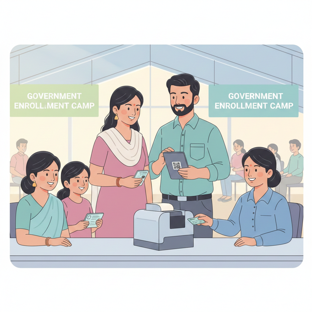 A clean professional illustration of an Indian family at a government enrollment camp for cmchis Tamil nadu, showing a staff member verifying documents like Aadhaar and ration cards while a smart card is being issued on a desk in a friendly administrative environment.
