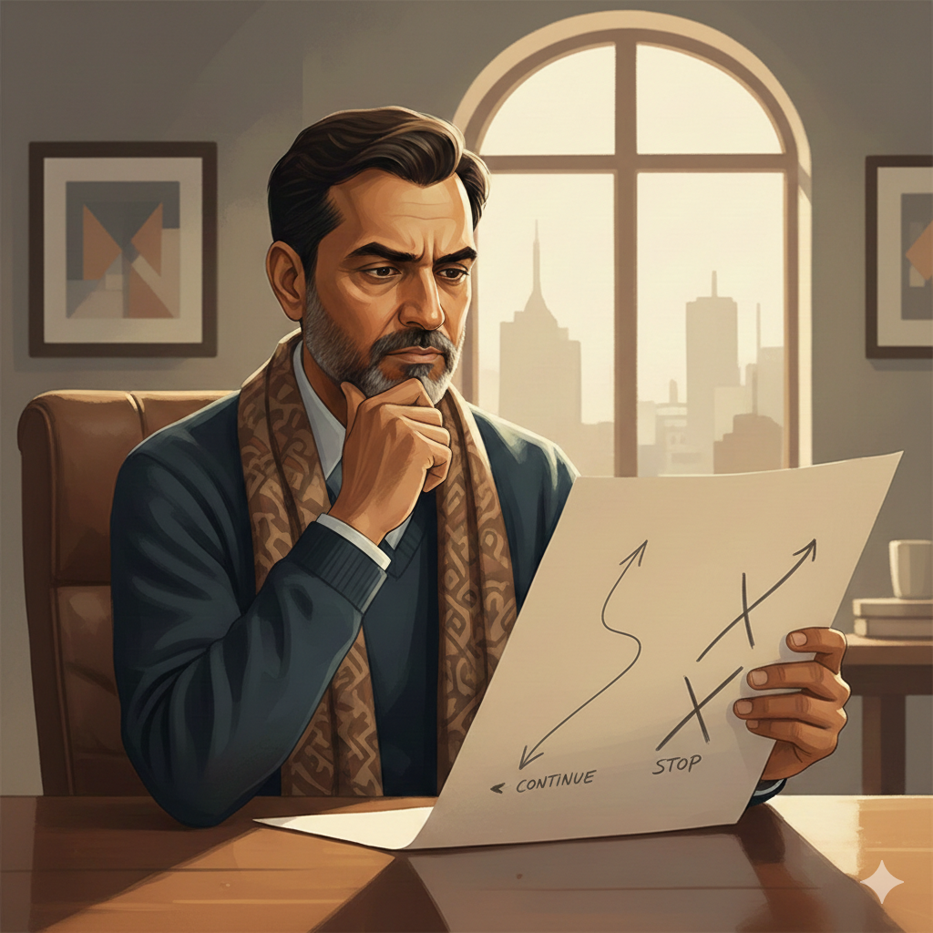 A realistic photo of a thoughtful Indian man in a professional setting, examining a paper with two hand-drawn paths representing the choice of whether to continue or what happens if I stop paying ULIP premium after 2 years.