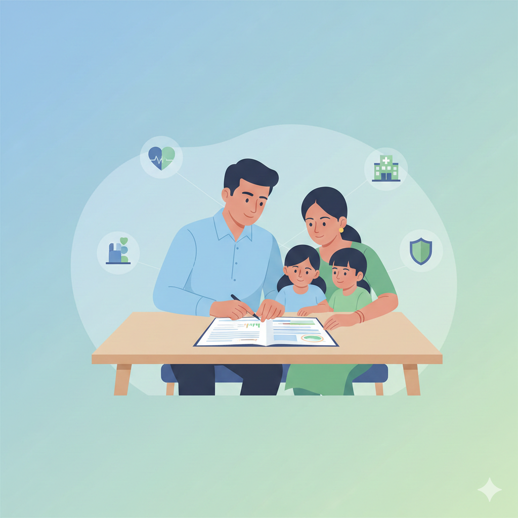 A clean flat illustration in a professional corporate style featuring an Indian family—a father, mother, and two children—sitting at a wooden table reviewing a health insurance policy document. Floating around them are subtle medical icons including a heart, a hospital building, and a protective shield in a soft blue and green color palette, symbolizing health insurance riders and add-on benefits. for the article what are riders in health insurance?