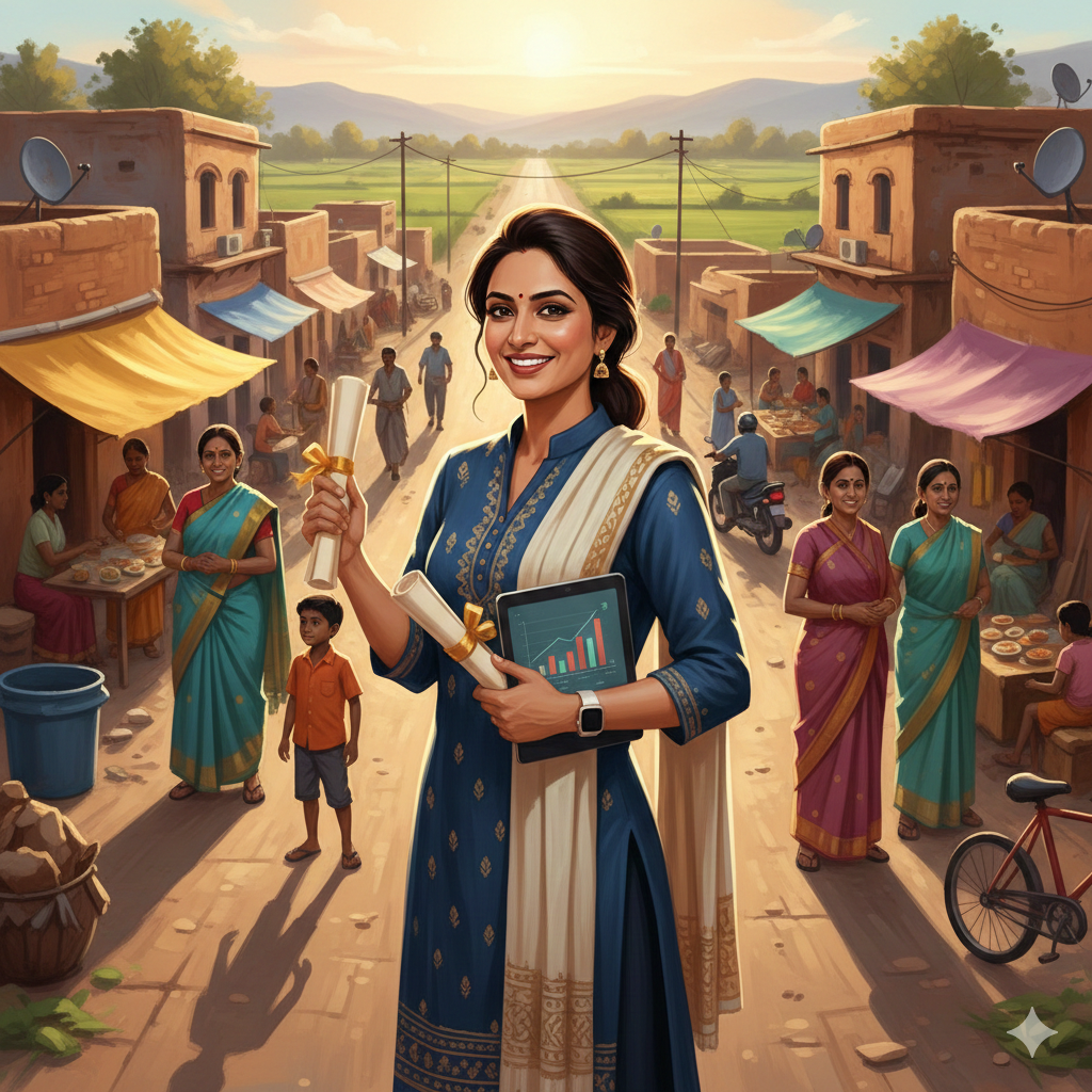 A confident, smiling Indian woman professional standing in a vibrant rural community setting, holding documents and a tablet displaying growth charts representing success with the LIC Bima Sakhi yojana. She is dressed in an elegant blue and white salwar kameez, symbolizing financial independence and empowerment within her village