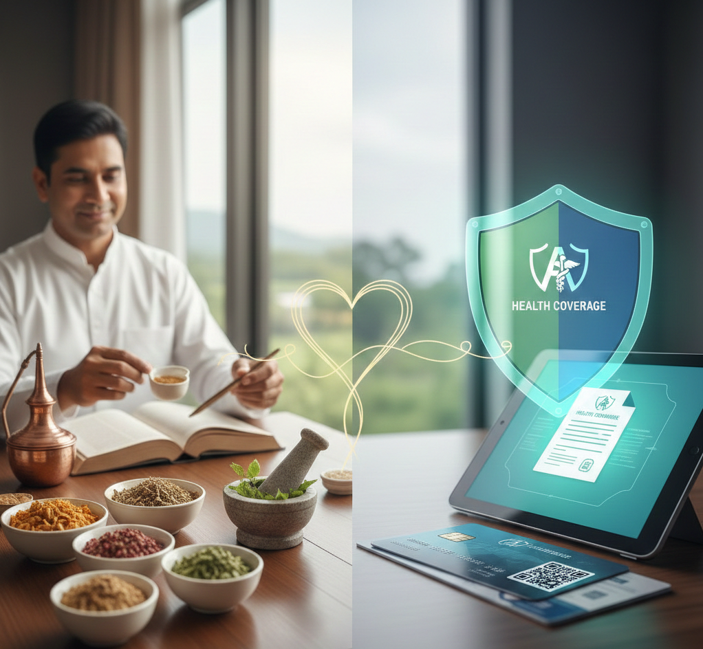 A split-screen visual representing ayush health insurance in india, showing a man with traditional Ayurvedic herbs and books alongside a digital tablet displaying a modern medical insurance shield.