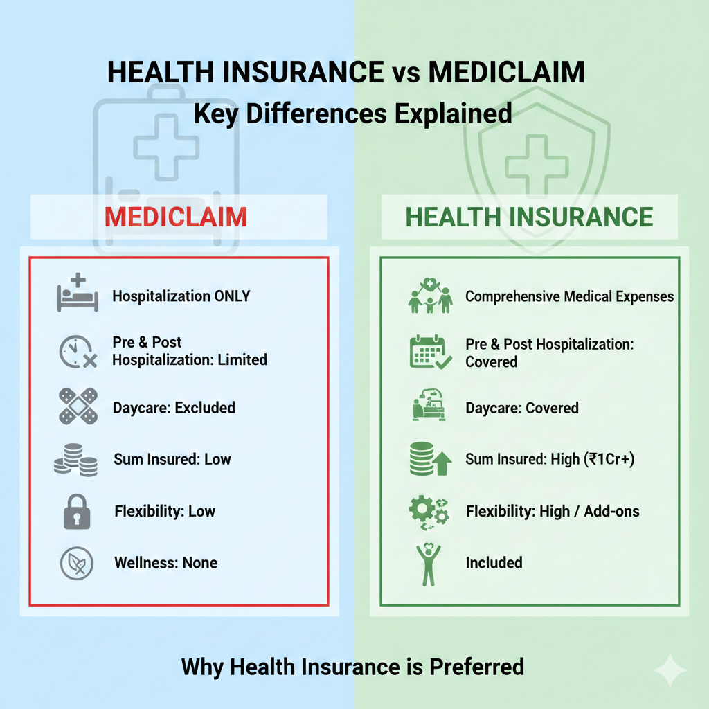 Comparison infographic table showing the key differences between Mediclaim and Health Insurance, highlighting coverage, sum insured limits, and wellness benefits. it will help you choose which one is better: health insurance or mediclaim?