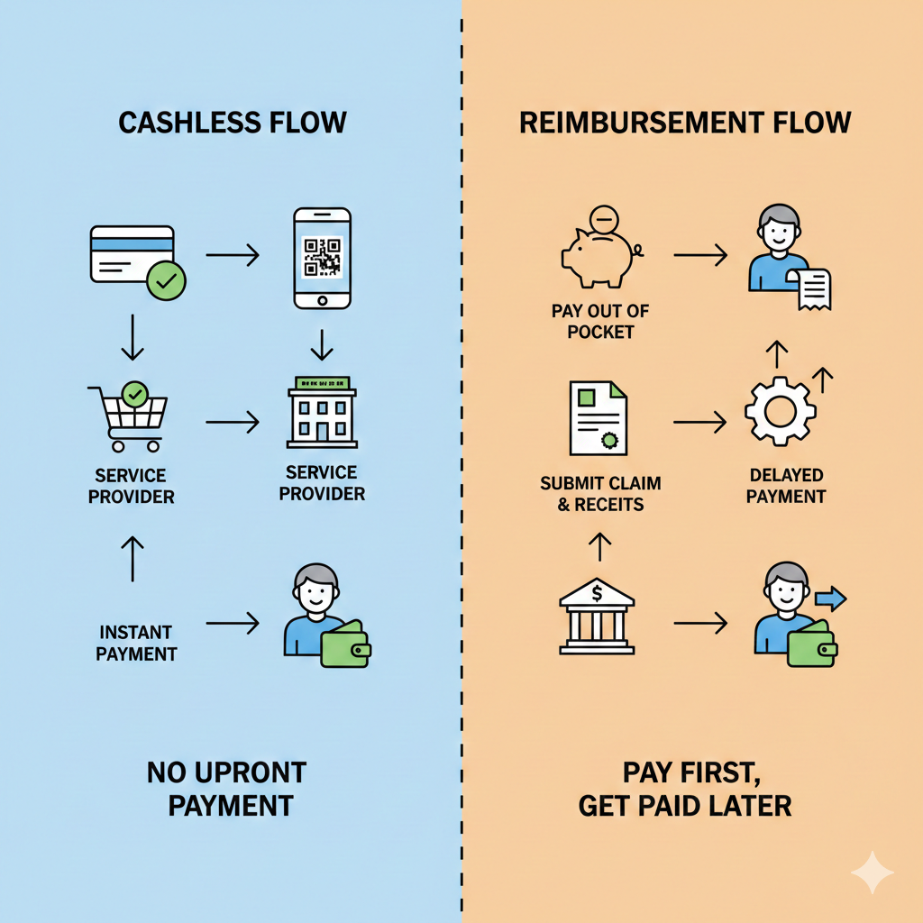 Process flow showing cashless vs reimbursement claims for AYUSH health insurance in India.