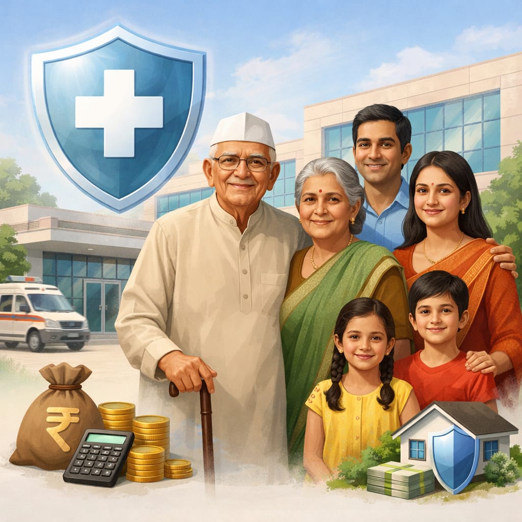 Paripoorna Mediclaim Ayush Bima for CGHS beneficiaries illustrating an elderly Indian pensioner with family standing confidently outside a hospital, surrounded by protective medical shield and financial security icons, conveying trust, healthcare coverage, and peace of mind in a realistic, soft-colored setting.