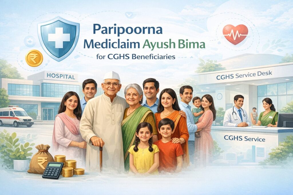 Paripoorna Mediclaim Ayush Bima for CGHS beneficiaries illustrating an elderly Indian pensioner with family standing confidently outside a hospital, surrounded by protective medical shield and financial security icons, conveying trust, healthcare coverage, and peace of mind in a realistic, soft-colored setting.