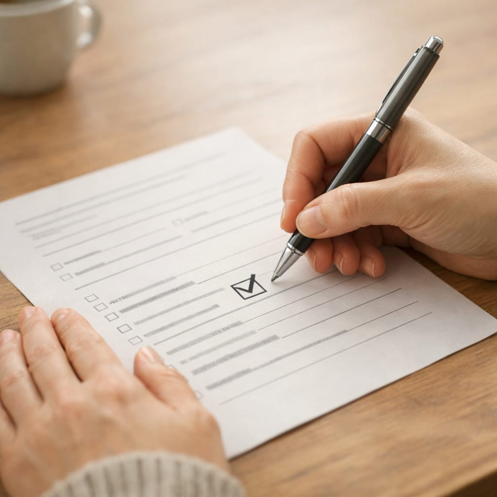 Close-up editorial-style image of a person calmly filling out a health insurance form, a checkbox clearly ticked, hands and paper in focus, soft natural lighting and muted colors, realistic gentle tone, illustrating the concept of 'Can I Get Health Insurance If I Have Depression as a Pre-Existing Condition'