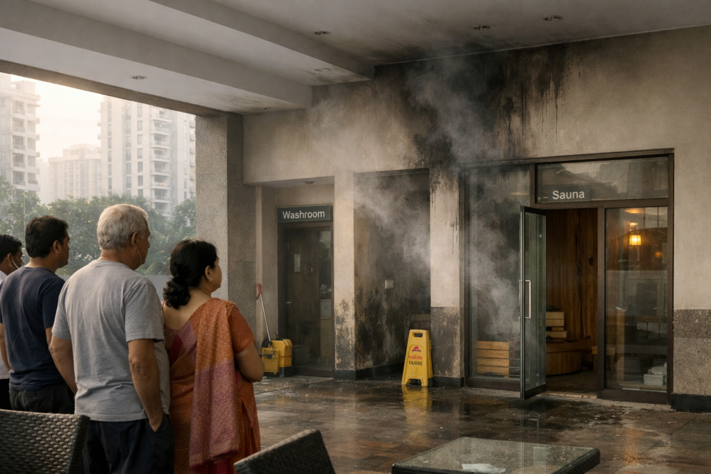 Editorial-style realistic illustration of an Indian residential apartment clubhouse after a minor fire incident, with light smoke damage visible near the washroom and sauna area, concerned residents standing at a distance in an urban apartment complex, highlighting the importance of rera mandatory insurance for shared residential facilities.
