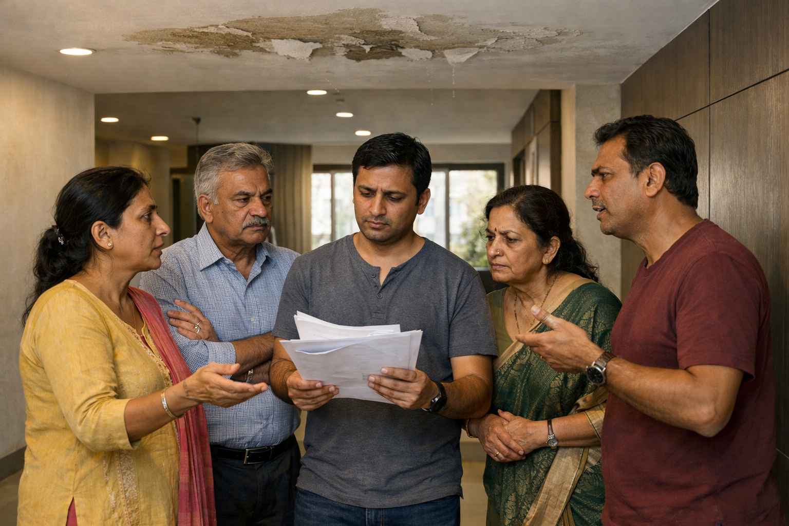Realistic editorial illustration of Indian apartment residents gathered in a common corridor discussing property damage, one resident holding documents while others look concerned, highlighting issues around rera mandatory insurance in modern Indian housing societies.