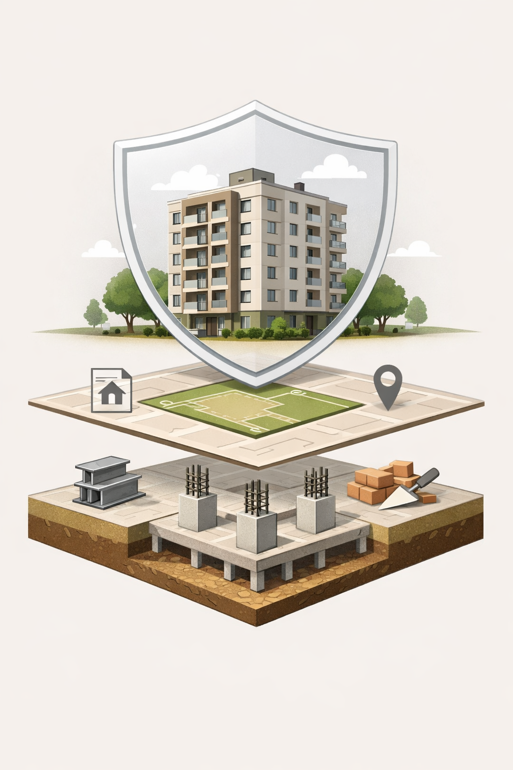 Alt text: **Clean editorial illustration of a residential apartment building protected by a shield, with layered sections showing land and title beneath the structure and construction foundations below, visually explaining property protection and rera mandatory insurance in an Indian real estate context.** 