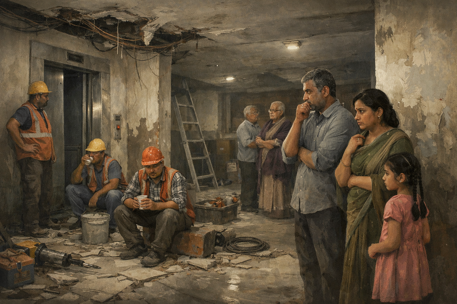 Alt text: **Conceptual realistic illustration of damaged apartment common areas in an Indian residential building, with repair workers paused near a broken elevator lobby while residents look worried, conveying cost-related anxiety and the importance of rera mandatory insurance for housing societies.** 