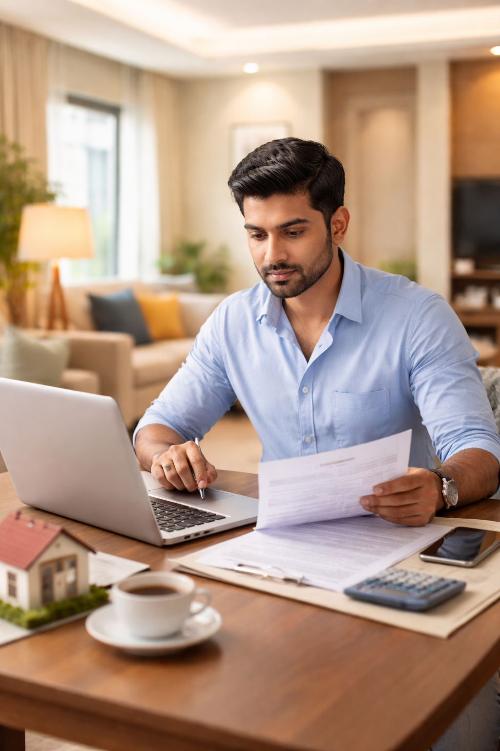 Realistic illustration of an Indian homebuyer using a laptop to check property details while reviewing insurance documents at home, reflecting careful planning and awareness of rera mandatory insurance.