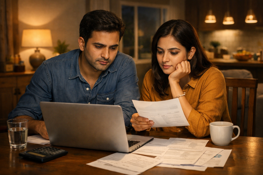 Alt text: **“Indian middle-class couple in their early 30s reviewing financial documents on a laptop at a dining table at night, highlighting awareness and concern around the life insurance protection gap during household financial planning.”**