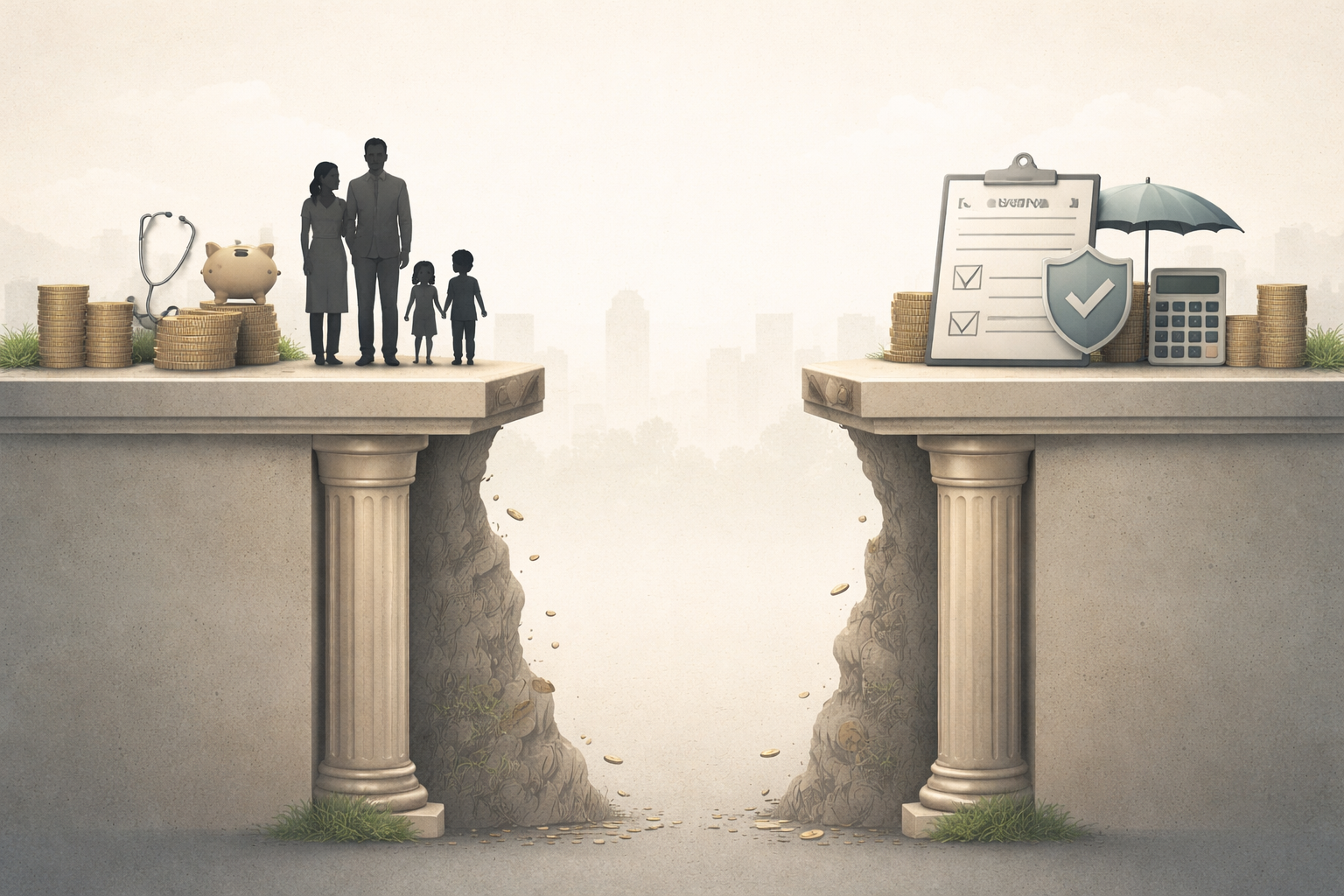 Alt text:
**Conceptual editorial illustration showing an Indian family standing on one financial pillar facing a wide gap toward an insurance document and shield on another pillar, symbolizing the life insurance protection gap between family needs and insurance cover.**
