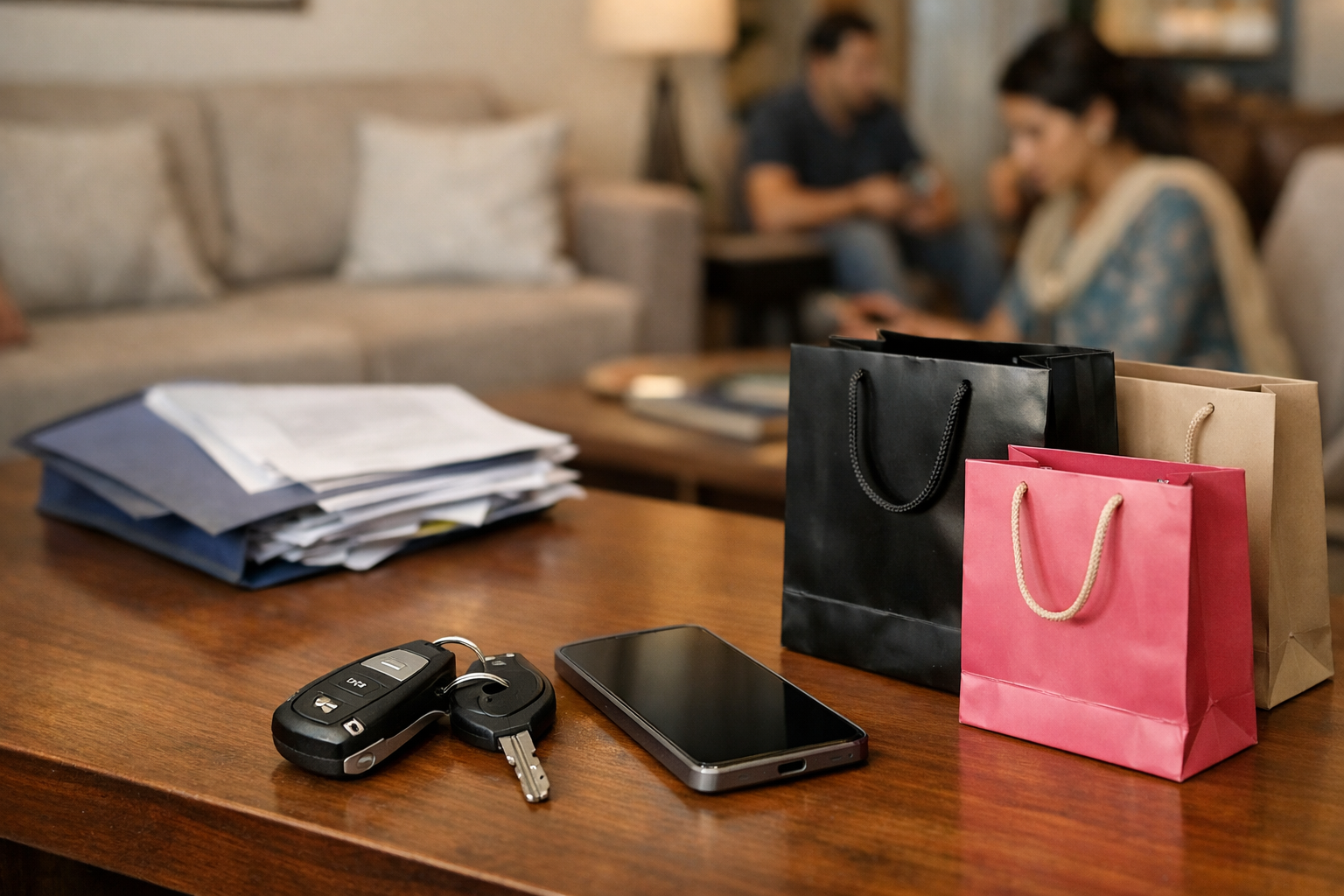Realistic editorial image of a modern Indian household showing a lifestyle upgrade with car keys, smartphone, and shopping bags in the foreground, while unattended insurance documents sit in the background, illustrating a common life insurance protection gap.”