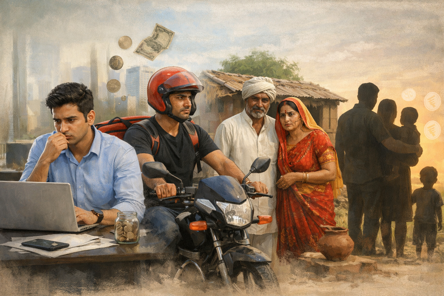 Alt text: **Editorial-style illustration showing diverse Indian demographics—a young professional working on a laptop, a gig worker on a motorcycle, a rural couple outside a modest home, and a single-income family silhouette—side by side, highlighting shared financial vulnerability and the life insurance protection gap across different stages of life in India.**
