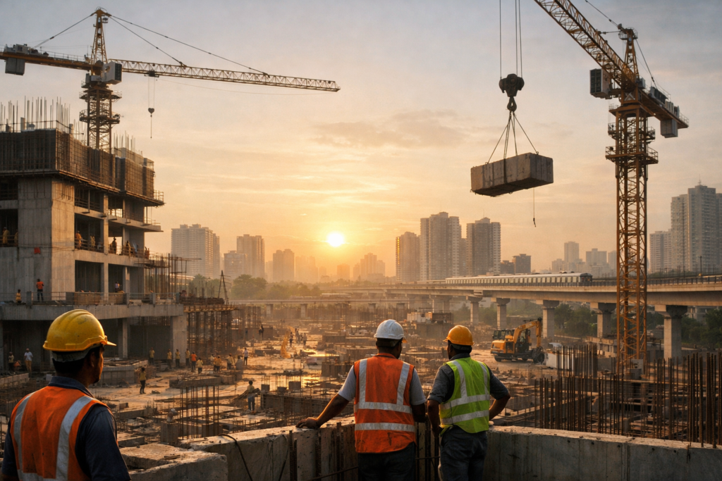 Wide-angle editorial image of an active Indian construction site at sunrise with cranes, unfinished concrete structures, and workers wearing safety helmets, highlighting scale, risk, and the importance of a CAR Policy in Construction within a modern urban infrastructure setting.